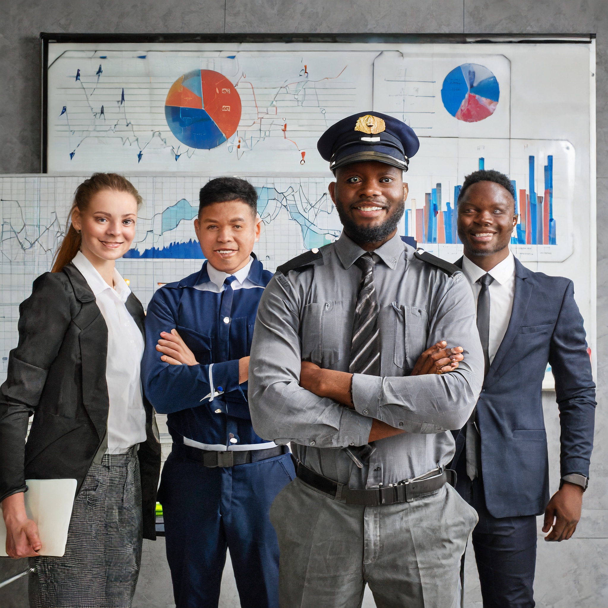 firefly_forground_group_of_humans_looking_like_officers_background_several_charts_37431