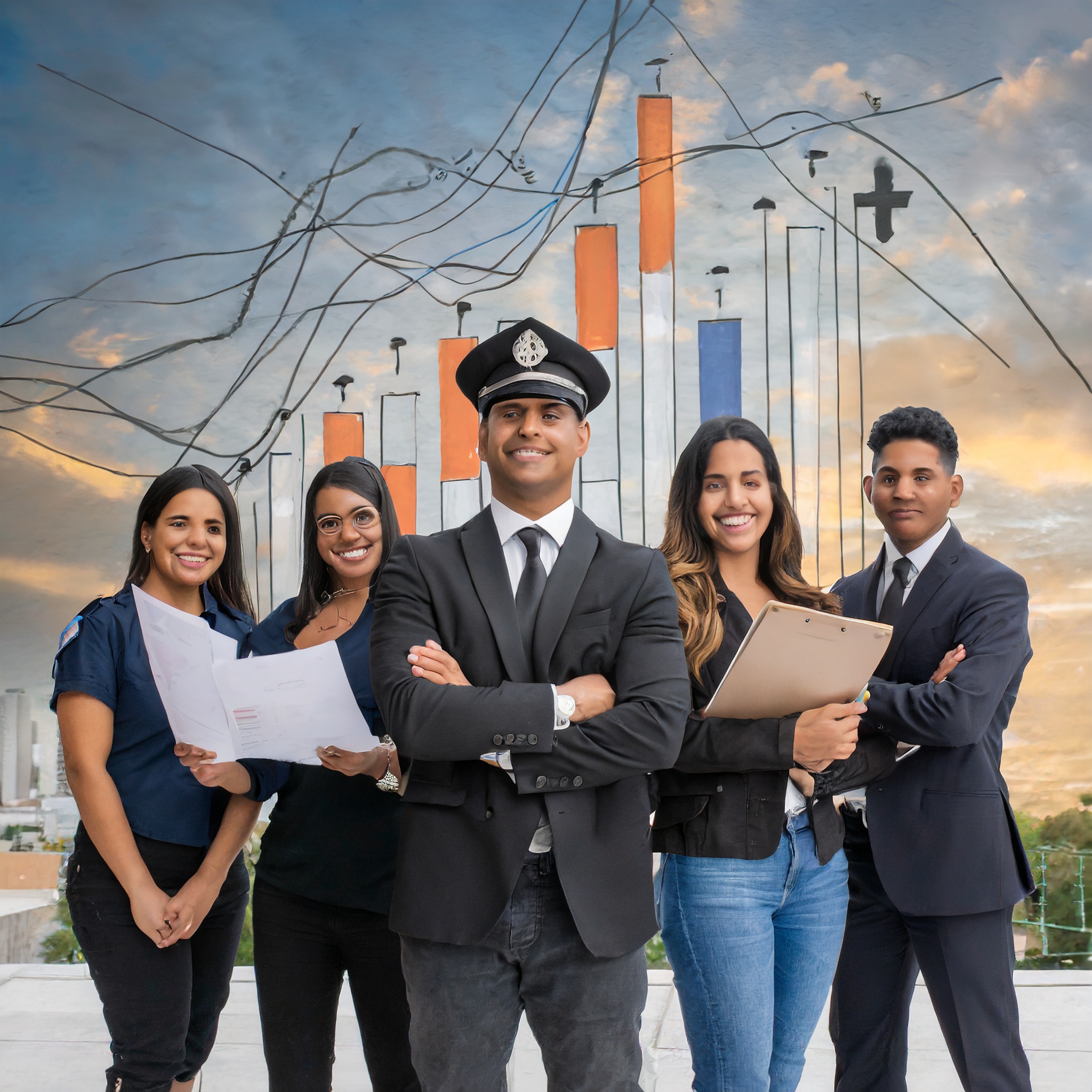 firefly_forground_group_of_humans_looking_like_officers_background_several_charts_8314